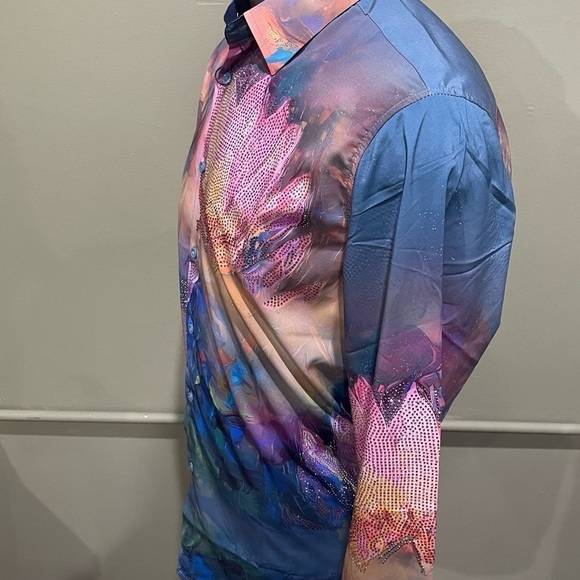 Deniko shirt button front blue multi color rhinestones regular fit - Picture 3 of 4